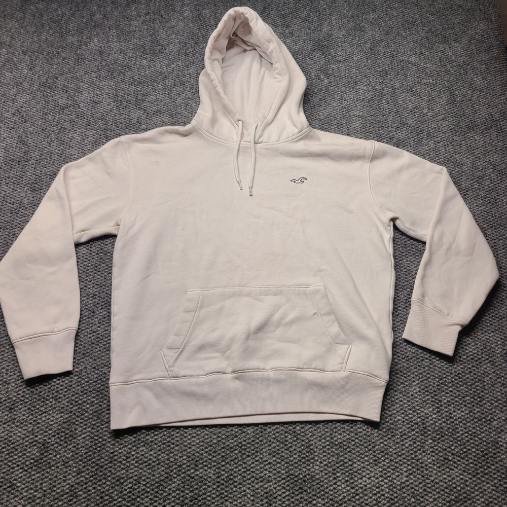 Hollister Mens Embroidered Logo Pullover Hoodie Cream Off White Sweatshirt